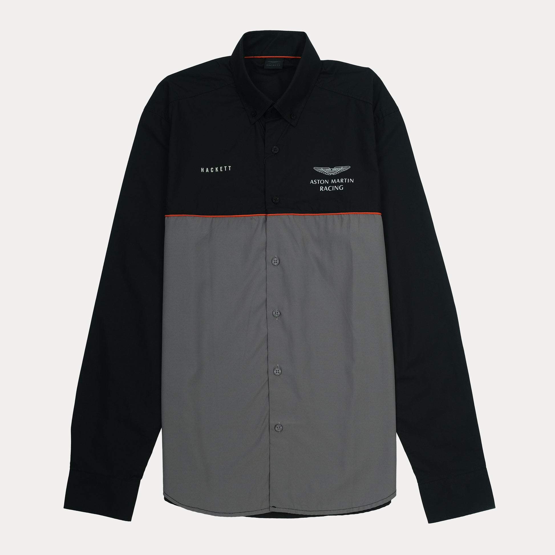 Hackett Aston Martin Racing Long Sleeve Shirt in Midnight Charcoal with Vibrant Ember Accents