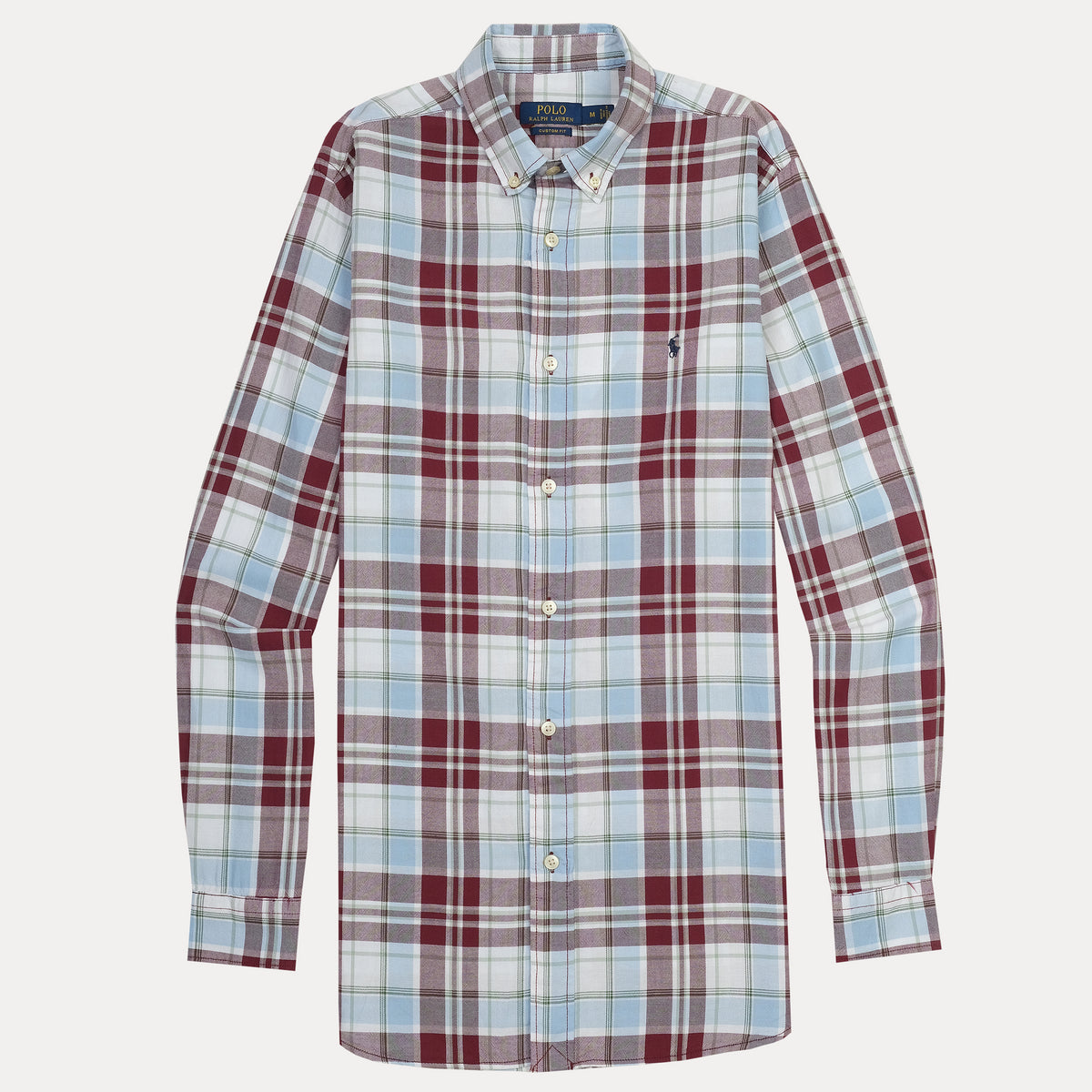 Polo Ralph Lauren Custom Fit Plaid Shirt in Serene Sky and Burgundy