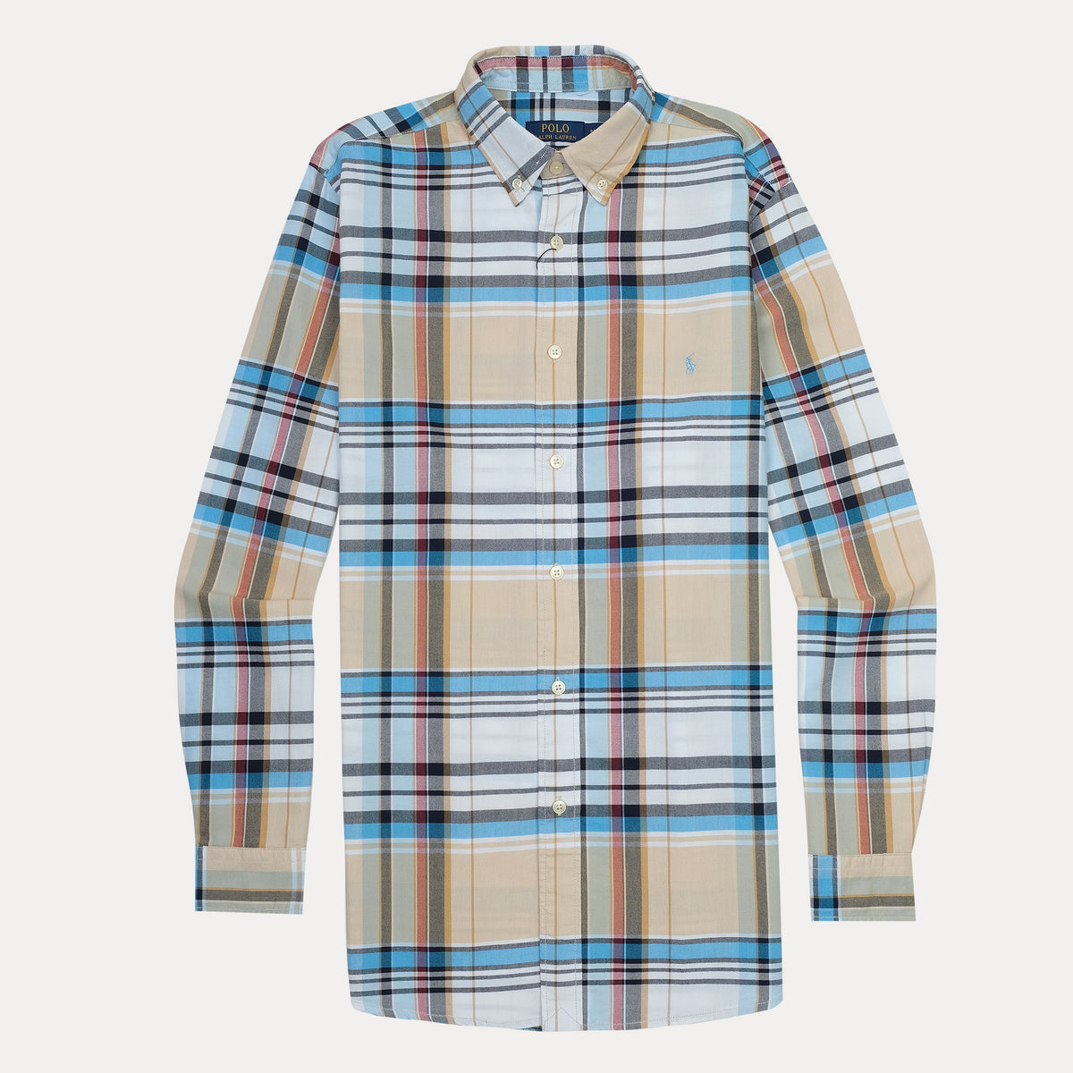Polo Ralph Lauren Custom Fit Plaid Shirt in Soft Sand and Sky Blue