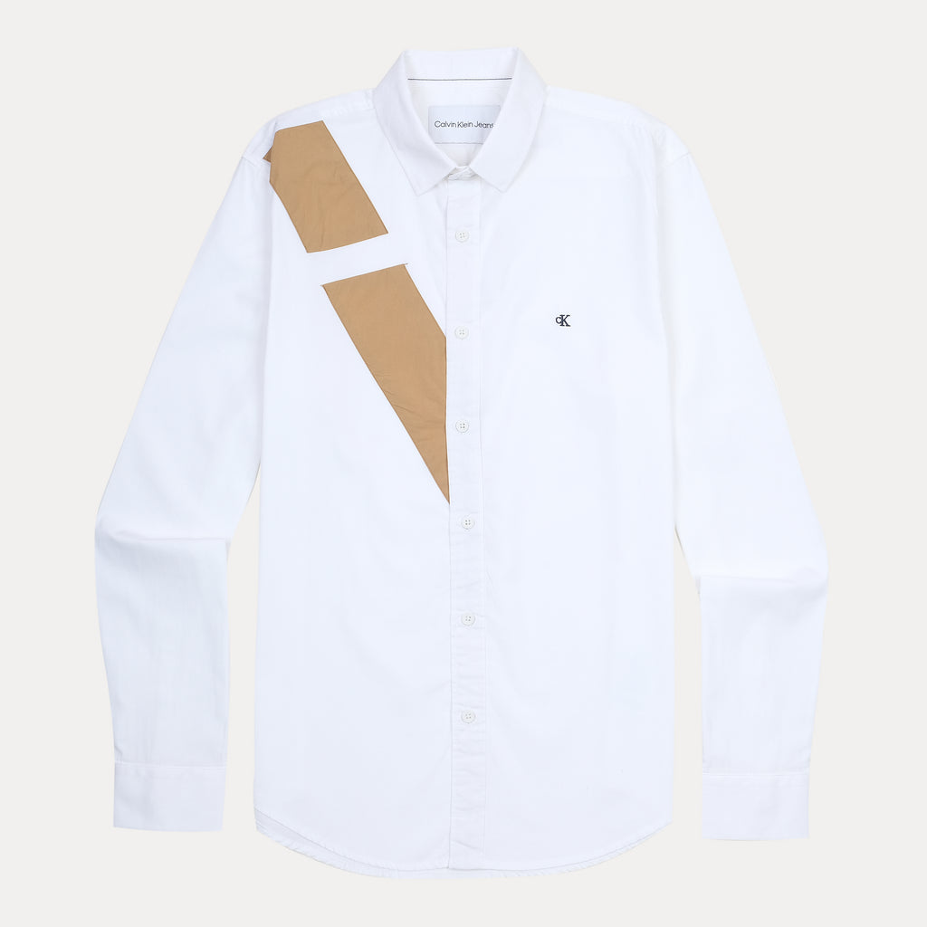 Calvin Klein Chic White & Tan Geometric Button-Up Shirt