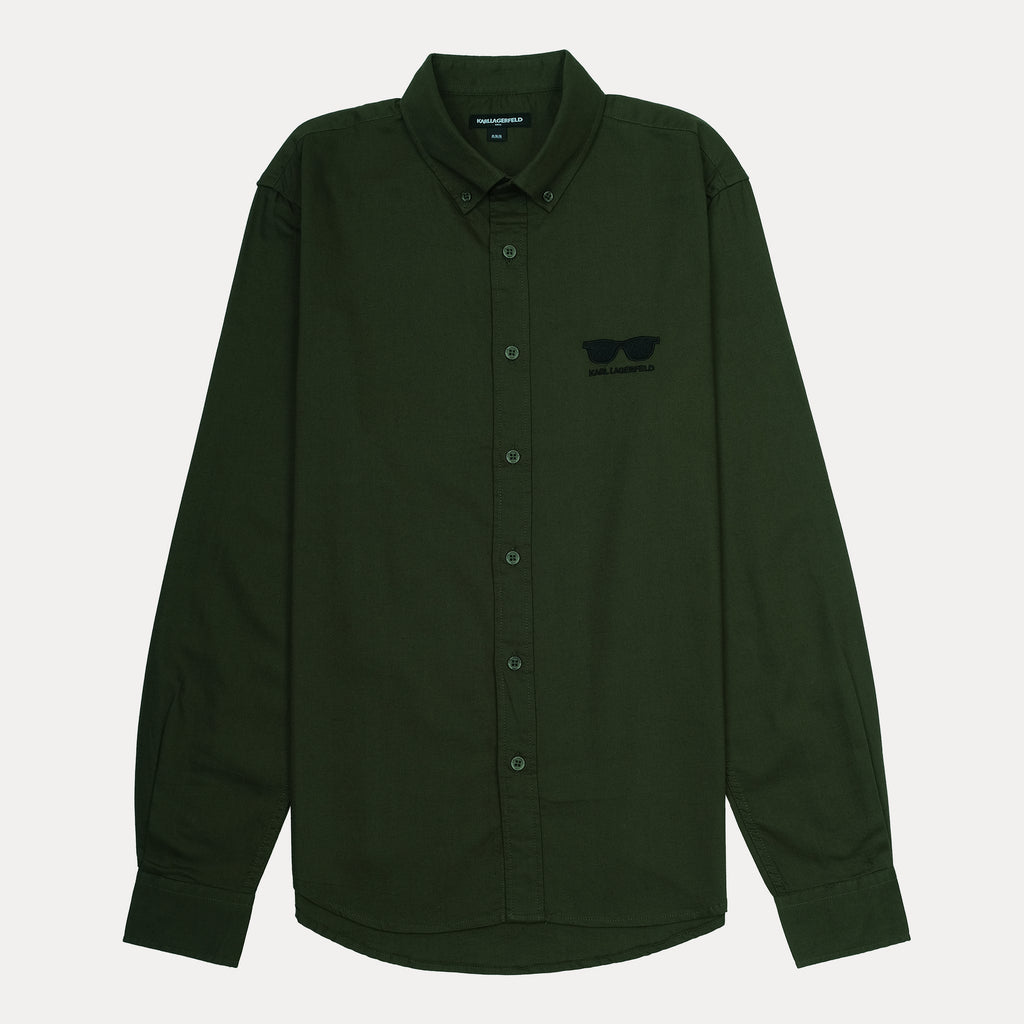KARL LAGERFELD Chic Olive Green Button-Up Shirt with Iconic Sunglasses Embroidery