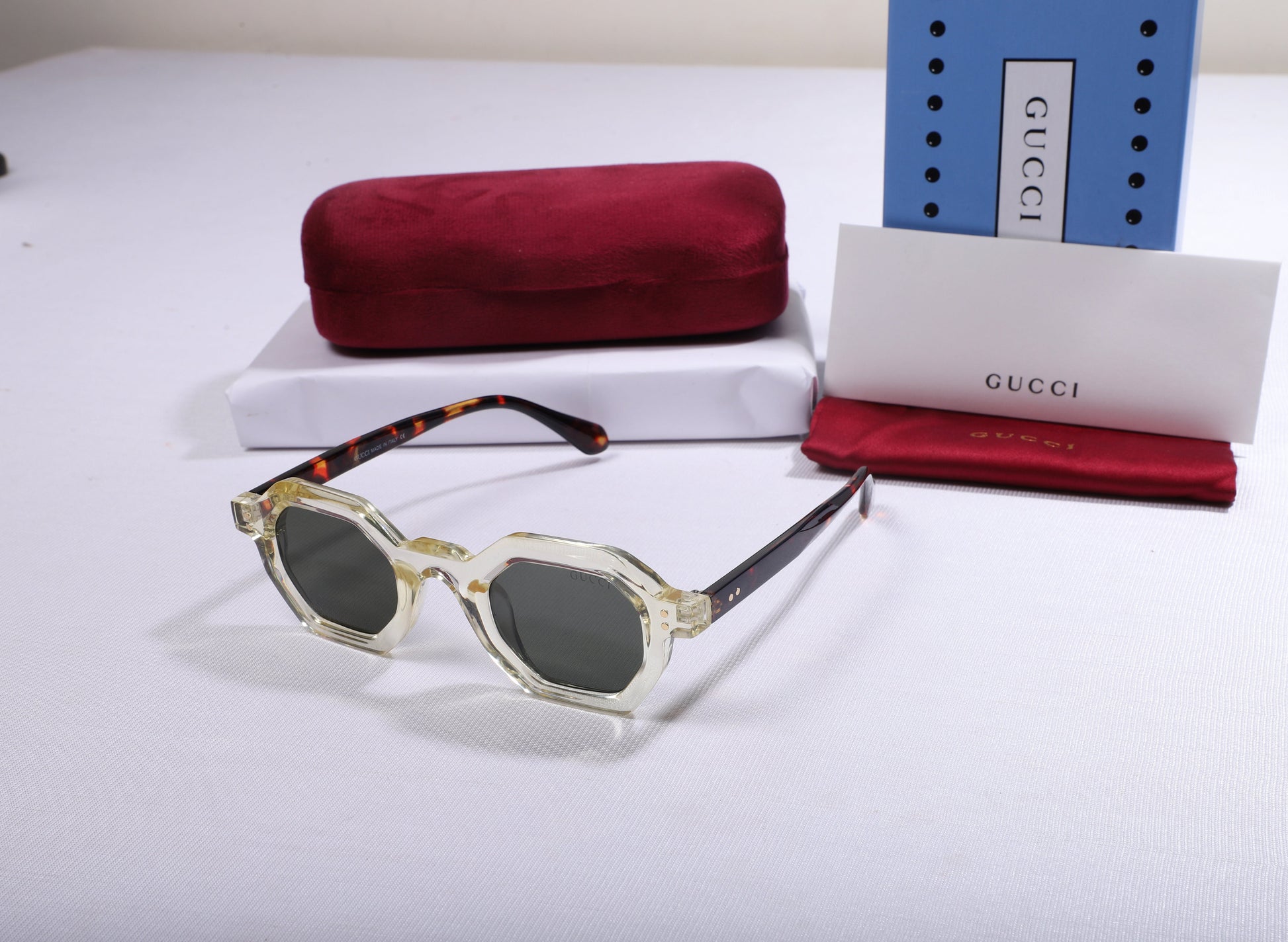 GUCCI Amber Haze Luxe Octagonal Frame Sunglasses with Tortoiseshell Temples