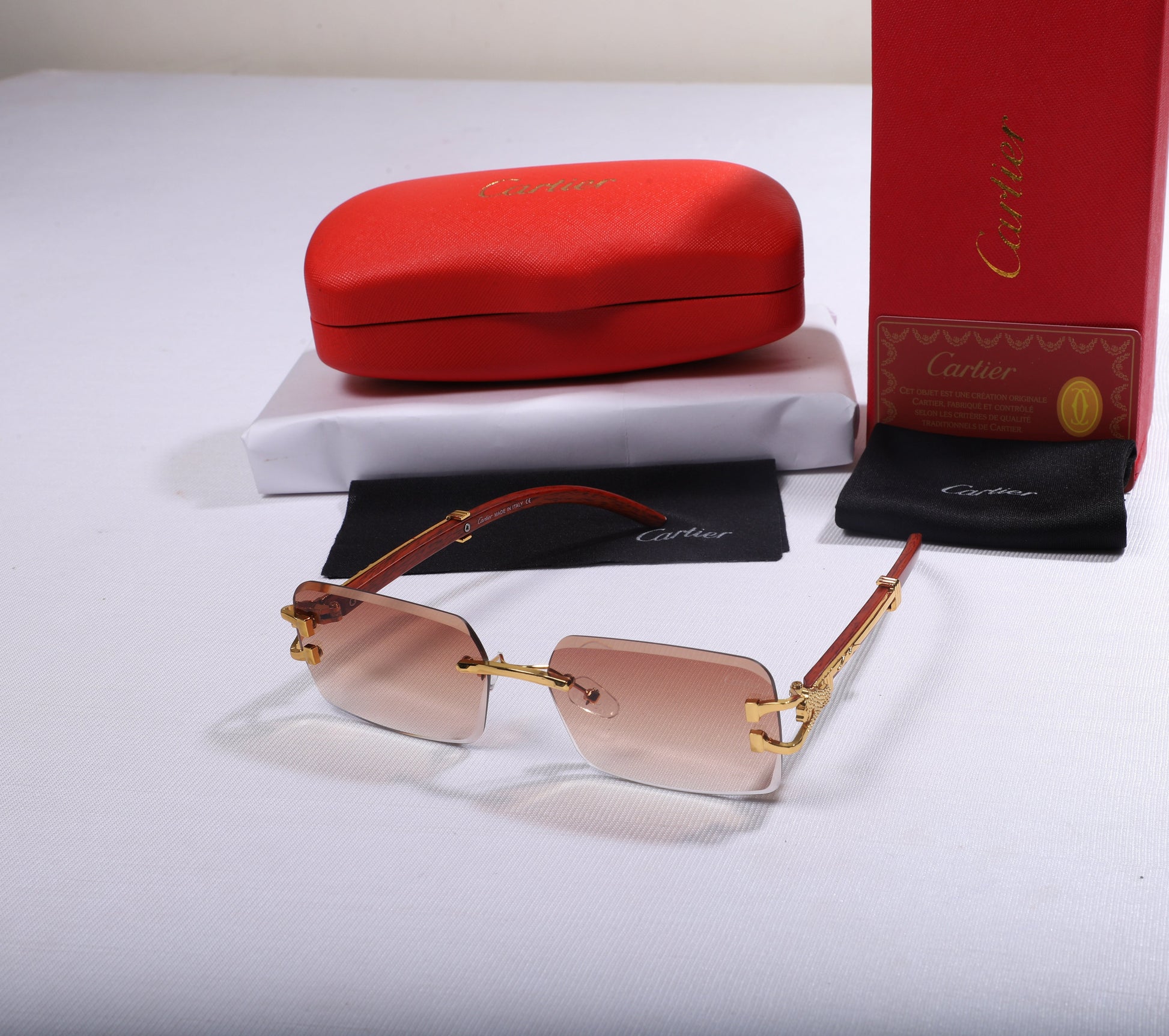 Cartier Luxe Gradient Square Sunglasses with Red Leather Accents