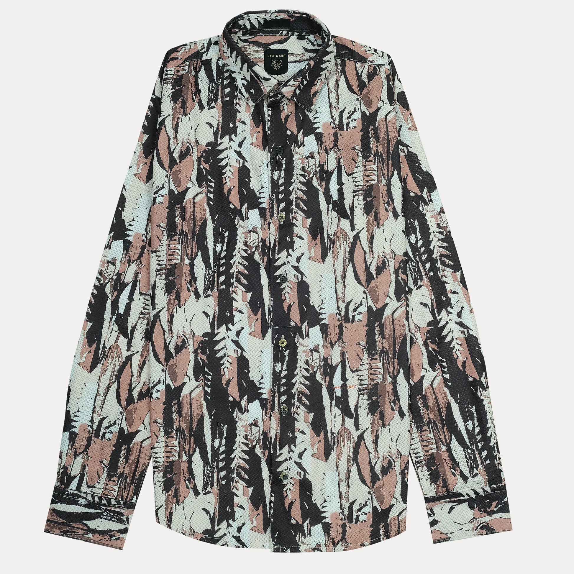 RARE RABBIT Artistic Leafy Print Shirt in Serene Aqua and Earthy Blush