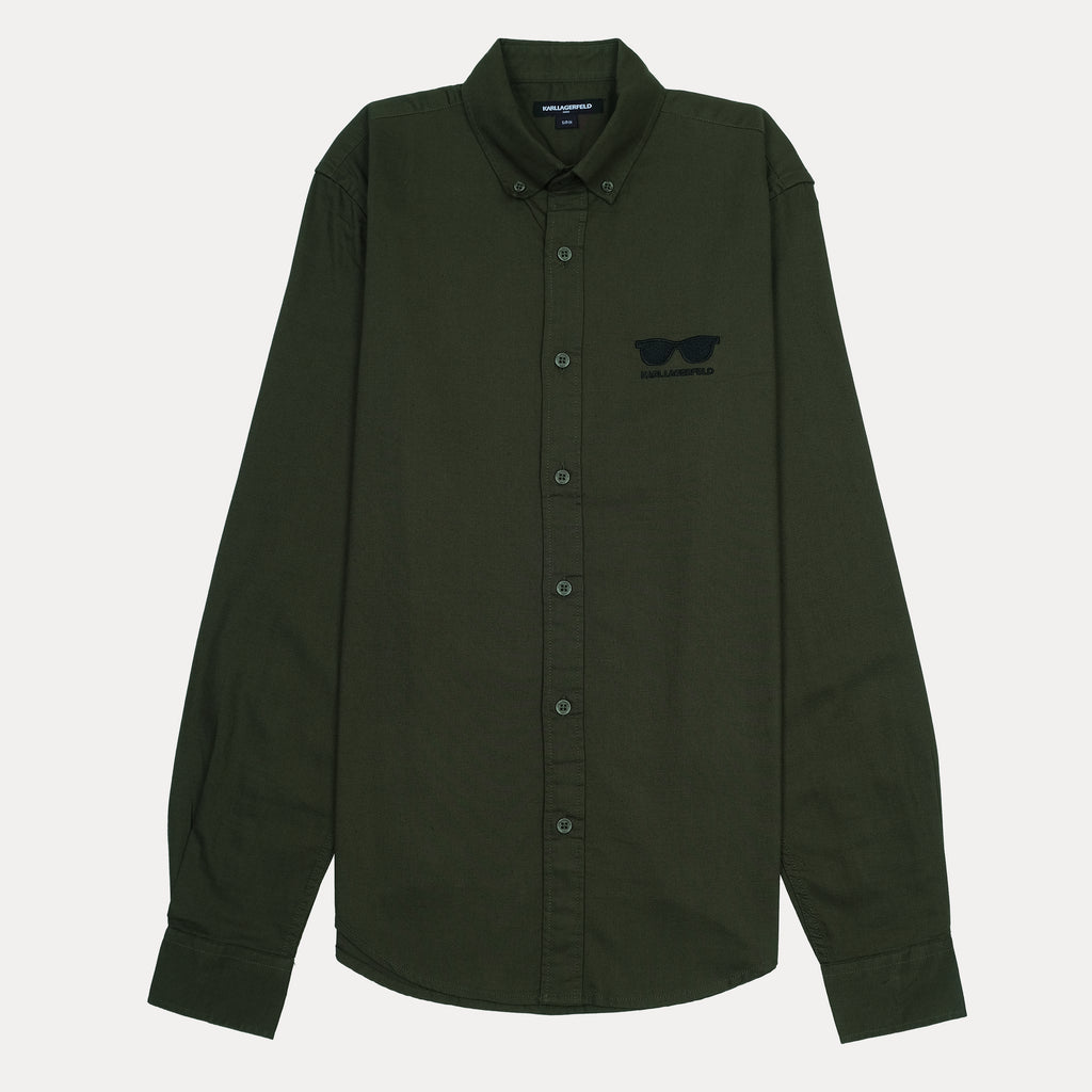 KARL LAGERFELD Chic Olive Green Button-Up Shirt with Sunglasses Embroidery