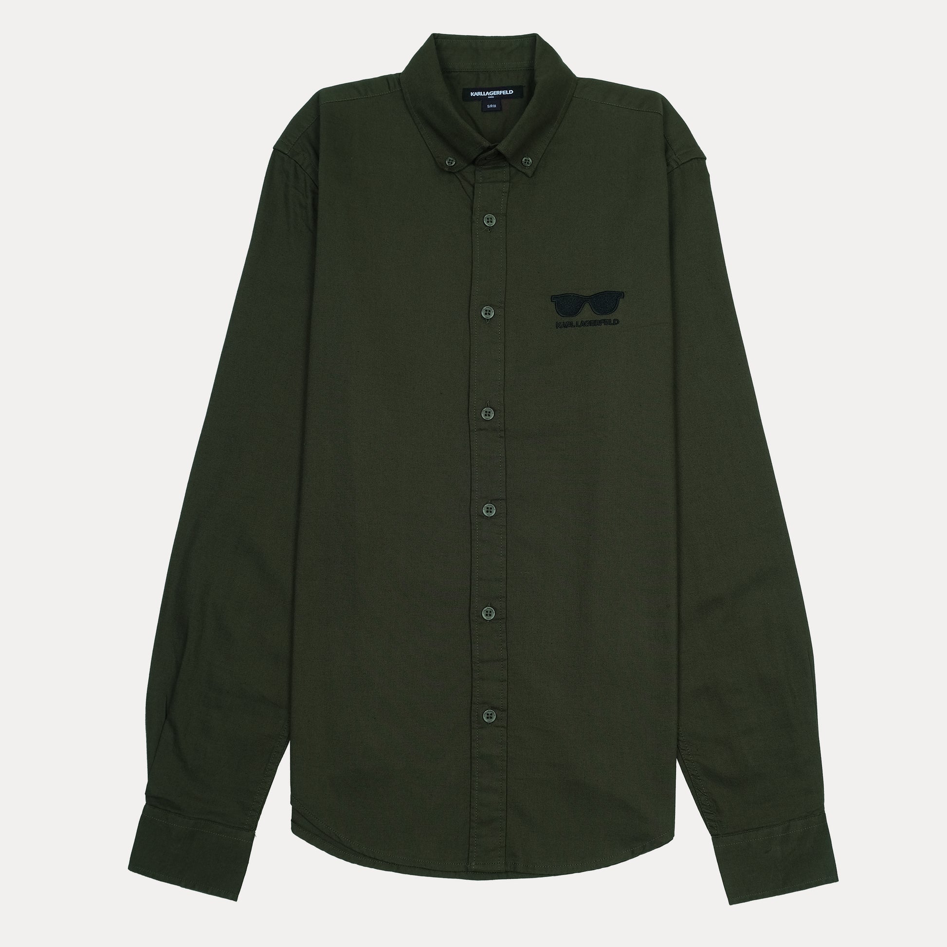 KARL LAGERFELD Chic Olive Green Button-Up Shirt with Sunglasses Embroidery