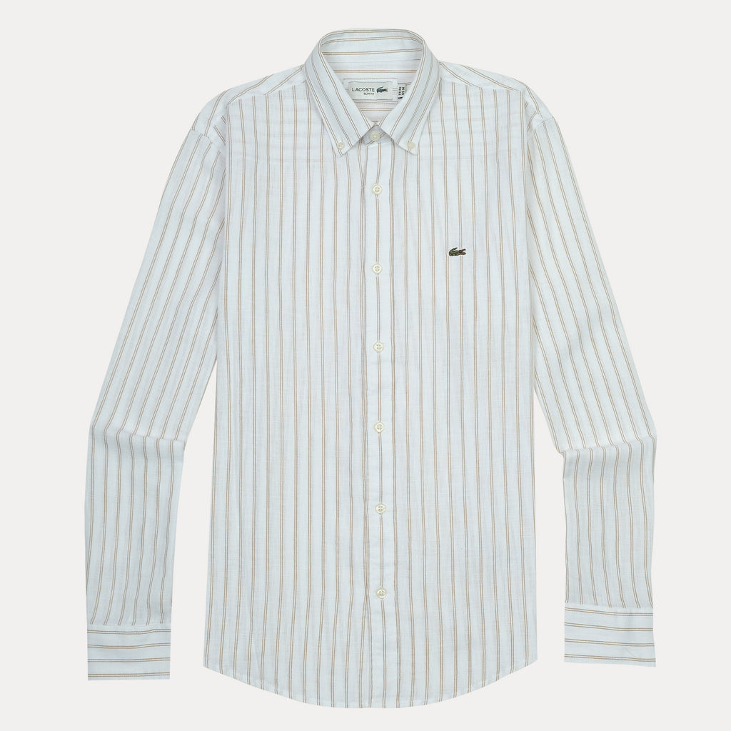Lacoste Slim Fit Striped Shirt in Whispering White & Golden Sand