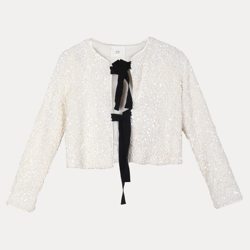 A Loves A Sparkling Cream Sequin Cropped Jacket with Elegant Black Tie