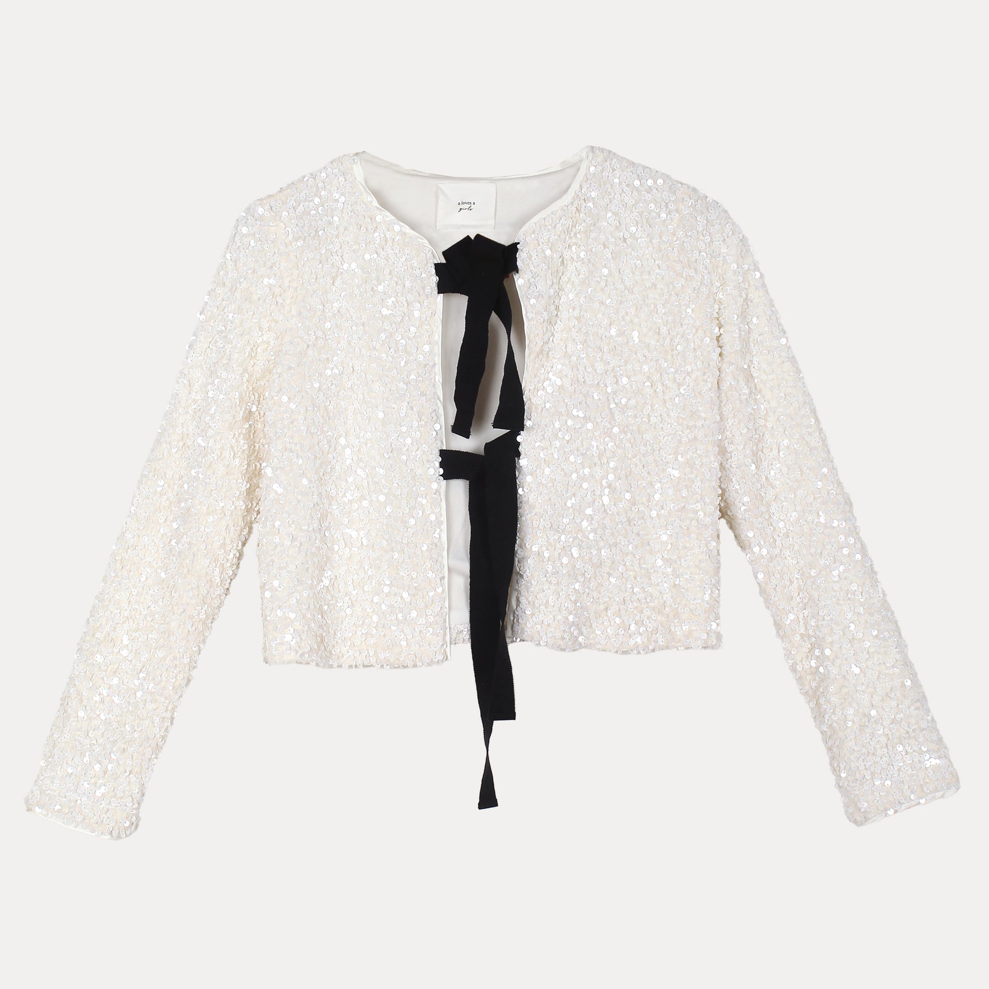 A Loves A Sparkling Cream Sequin Cropped Jacket with Elegant Black Tie