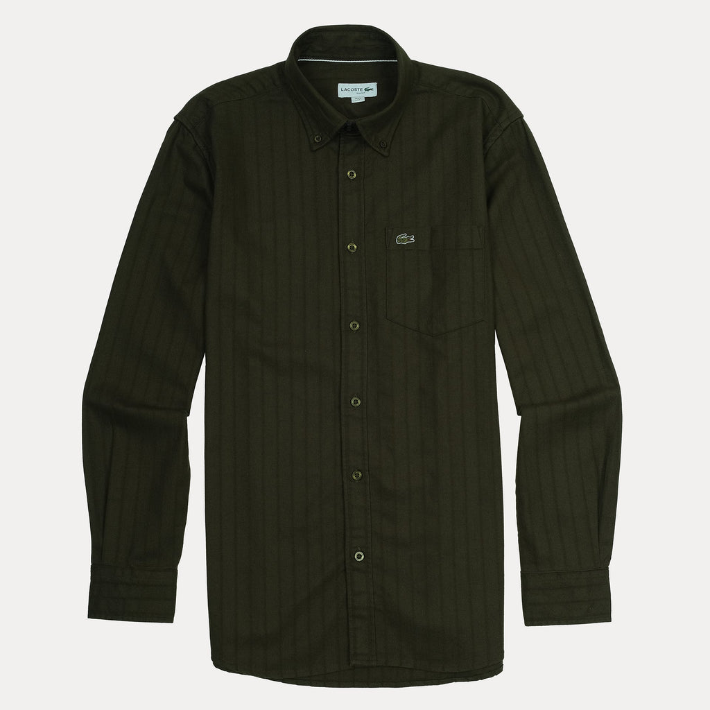 Lacoste Men's Long Sleeve Striped Button-Up Shirt in Olive Green