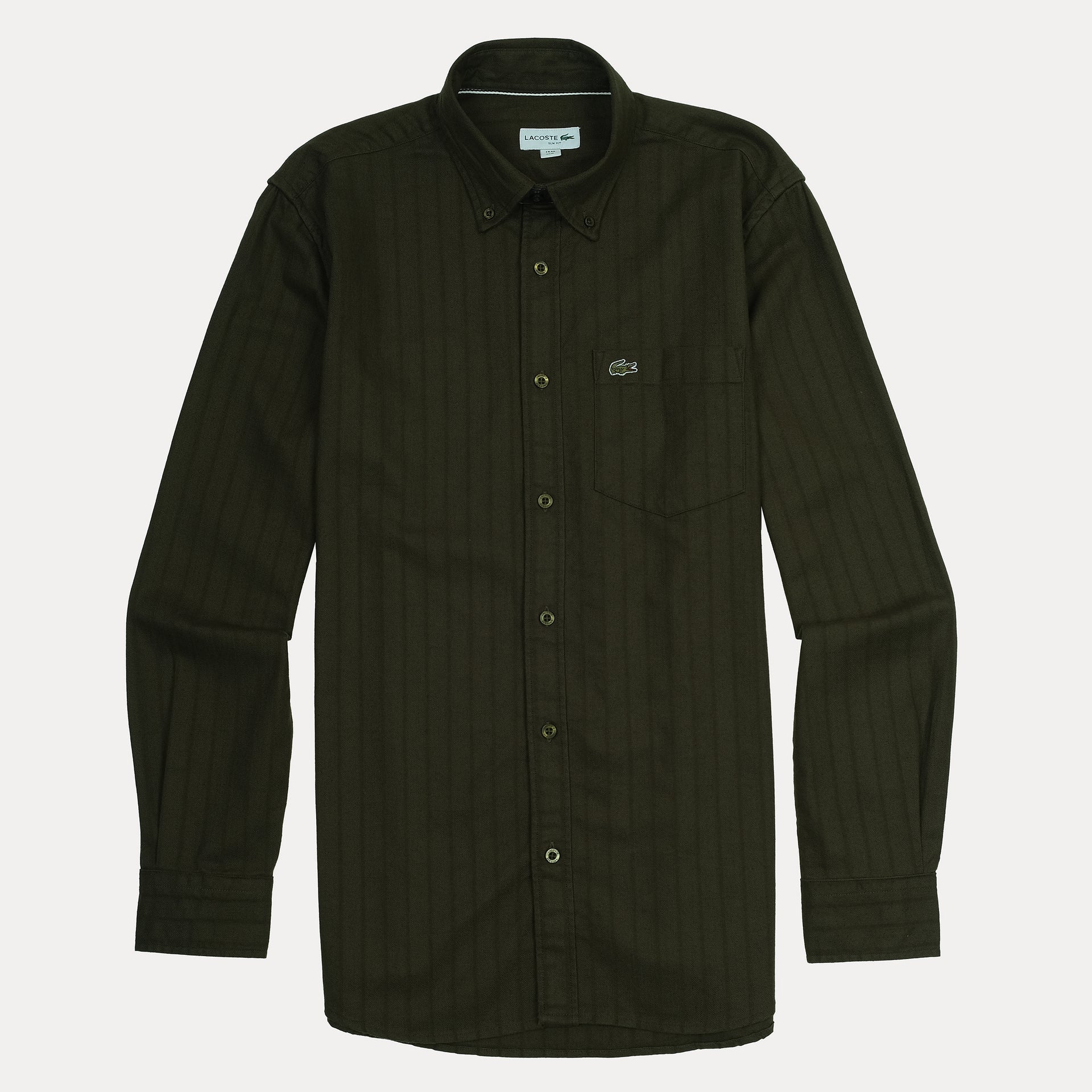 Lacoste Men's Long Sleeve Striped Button-Up Shirt in Olive Green