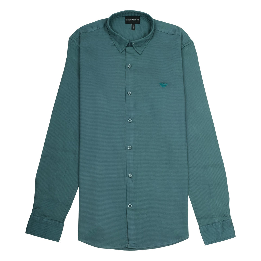 EMPORIO ARMANI Oceanic Teal Slim Fit Textured Long Sleeve Shirt