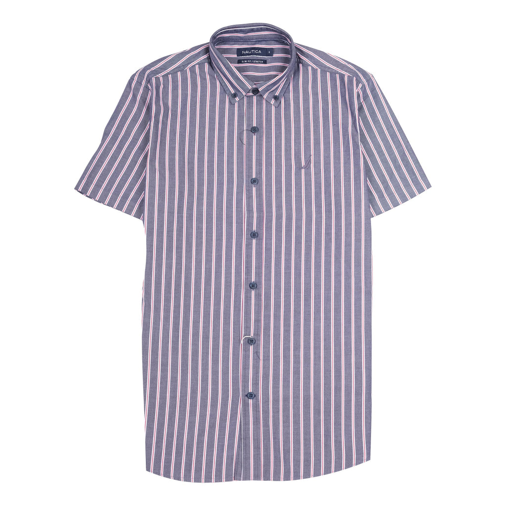 NAUTICA Dusk Blue Slim Fit Stretch Short Sleeve Striped Shirt