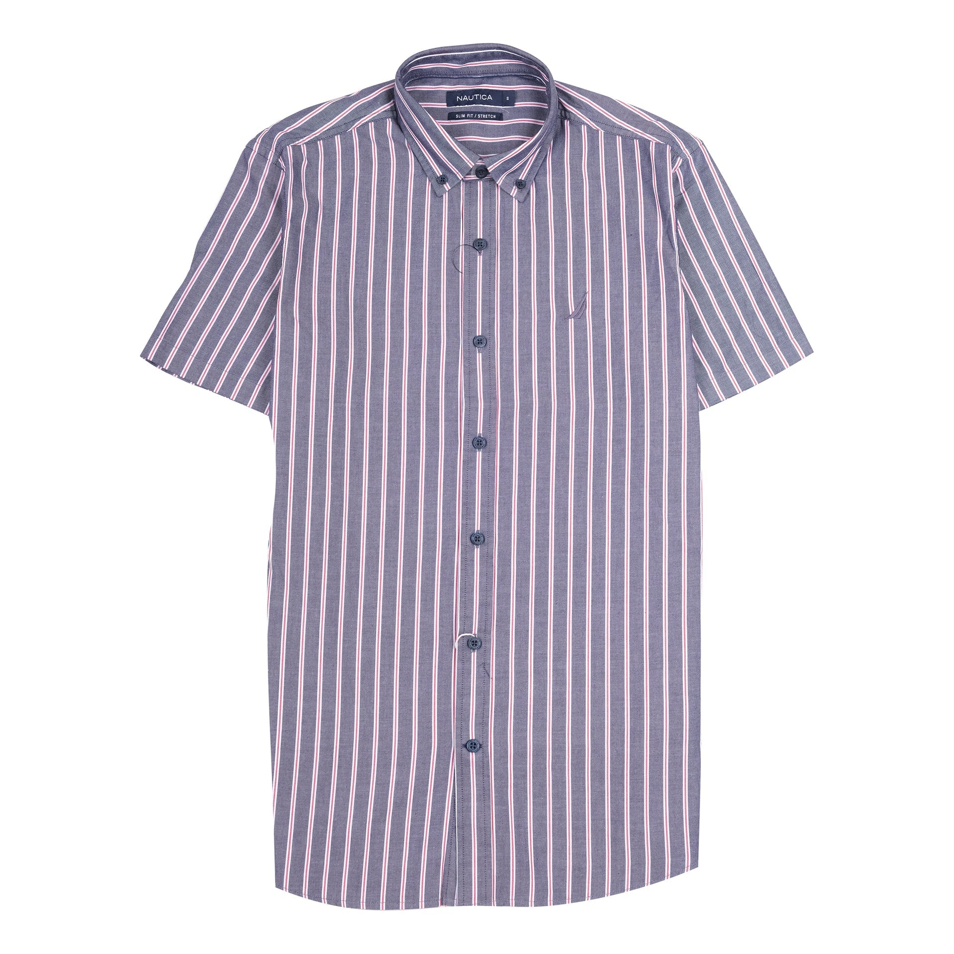 NAUTICA Dusk Blue Slim Fit Stretch Short Sleeve Striped Shirt