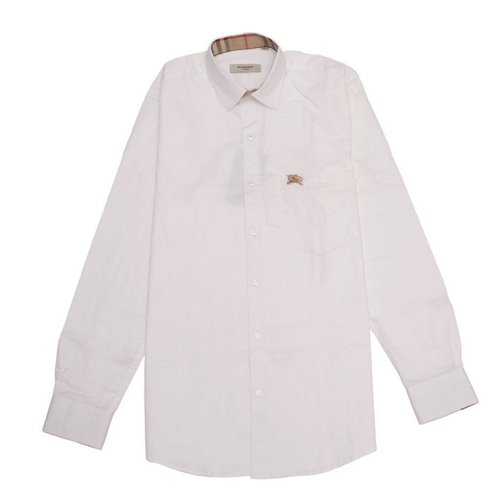 BURBERRY Cloud White Classic Fit Long Sleeve Shirt with Check Detail