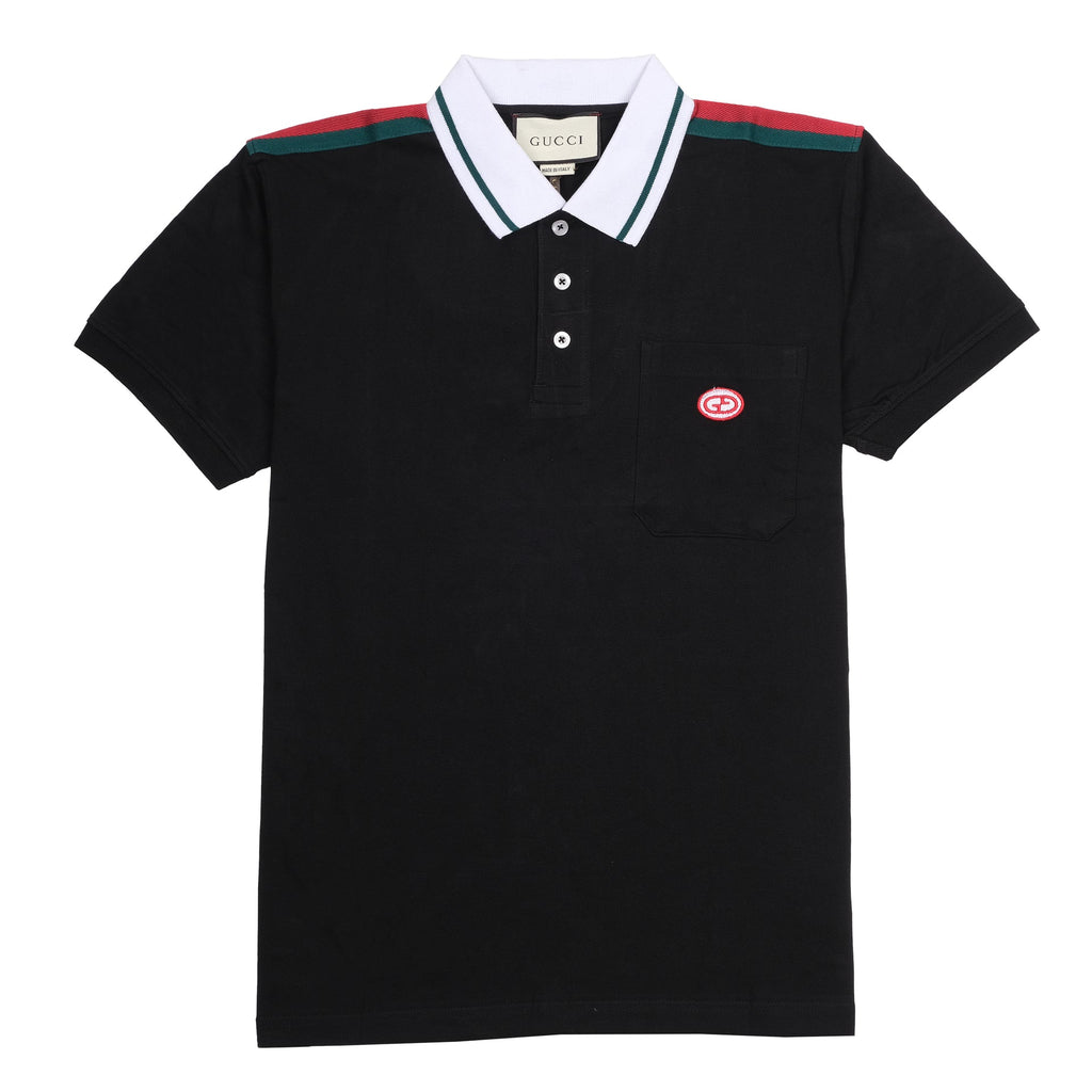 GUCCI Midnight Noir Slim Fit Polo Shirt with Crimson and Emerald Stripes