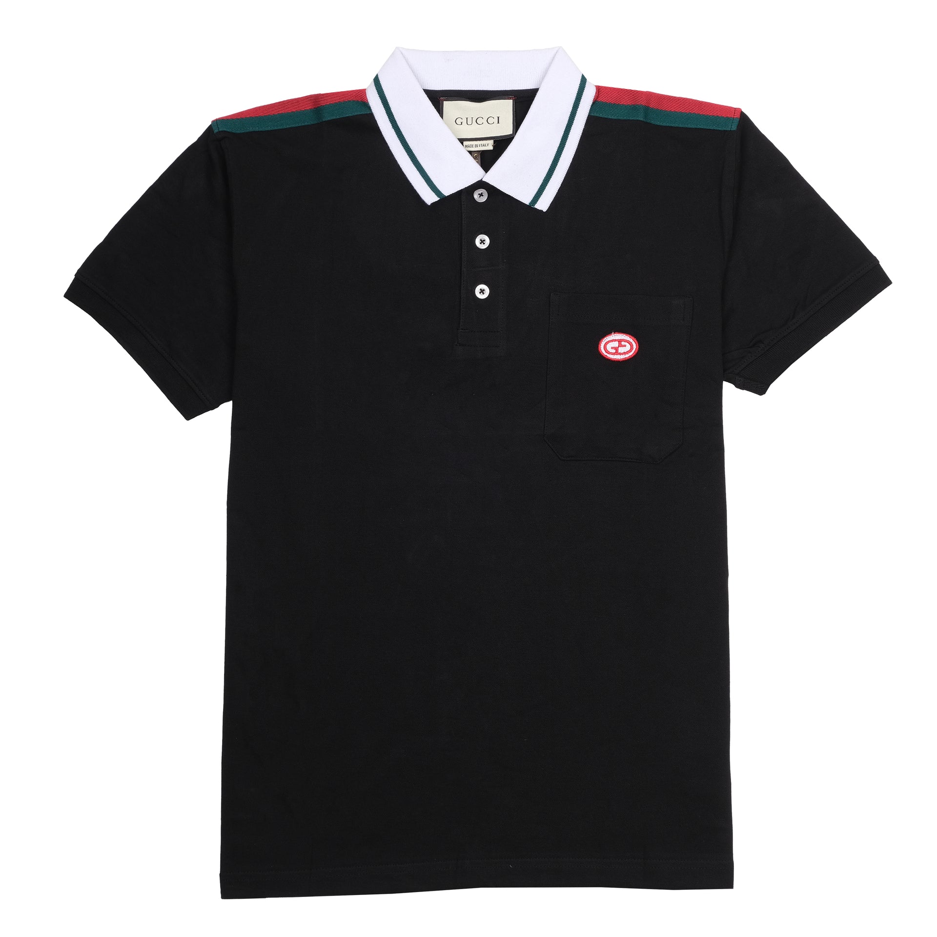 GUCCI Midnight Noir Slim Fit Polo Shirt with Crimson and Emerald Stripes