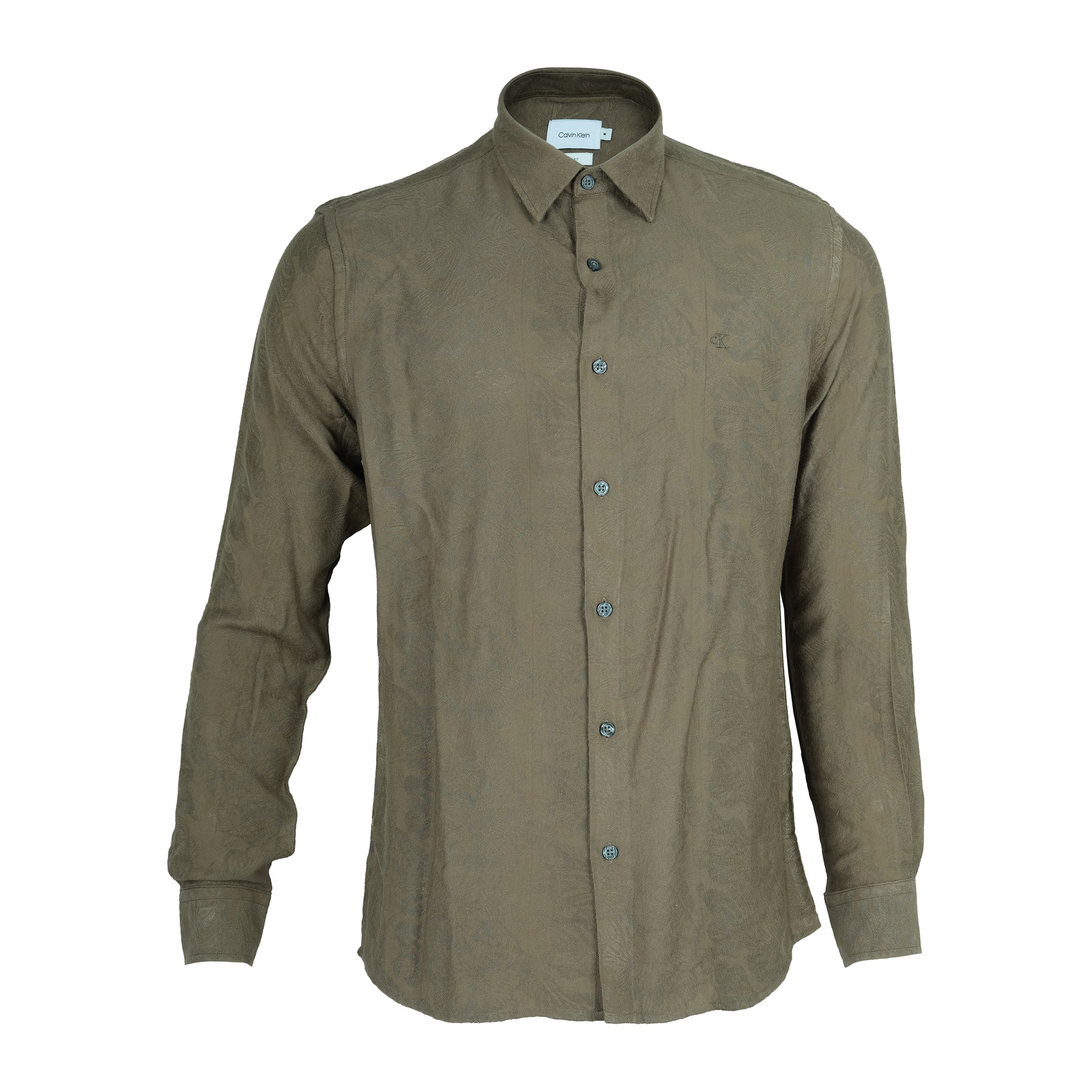 CALVIN KLEIN Earthy Olive Textured Slim Fit Long Sleeve Shirt