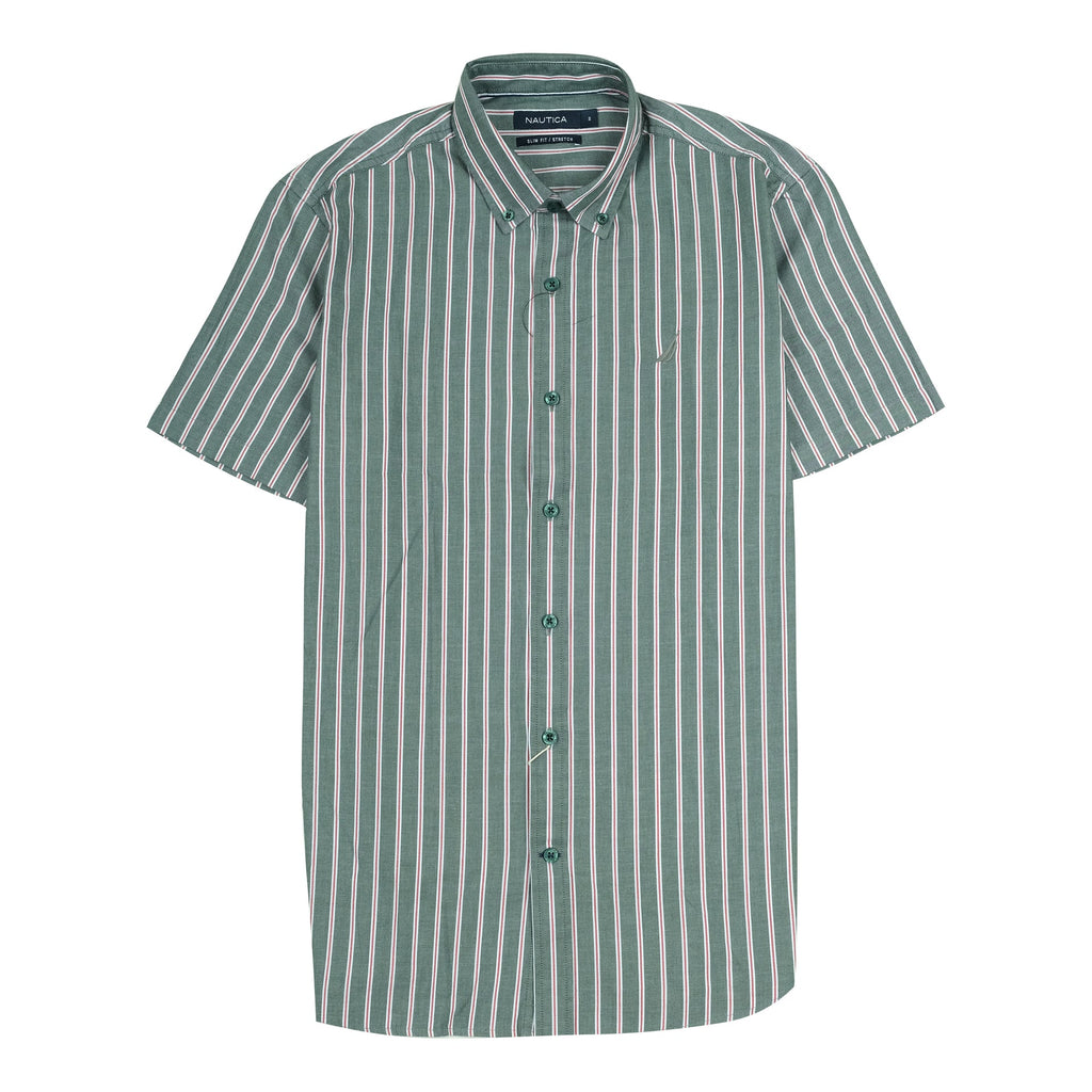 NAUTICA Forest Green Striped Slim Fit Short Sleeve Shirt