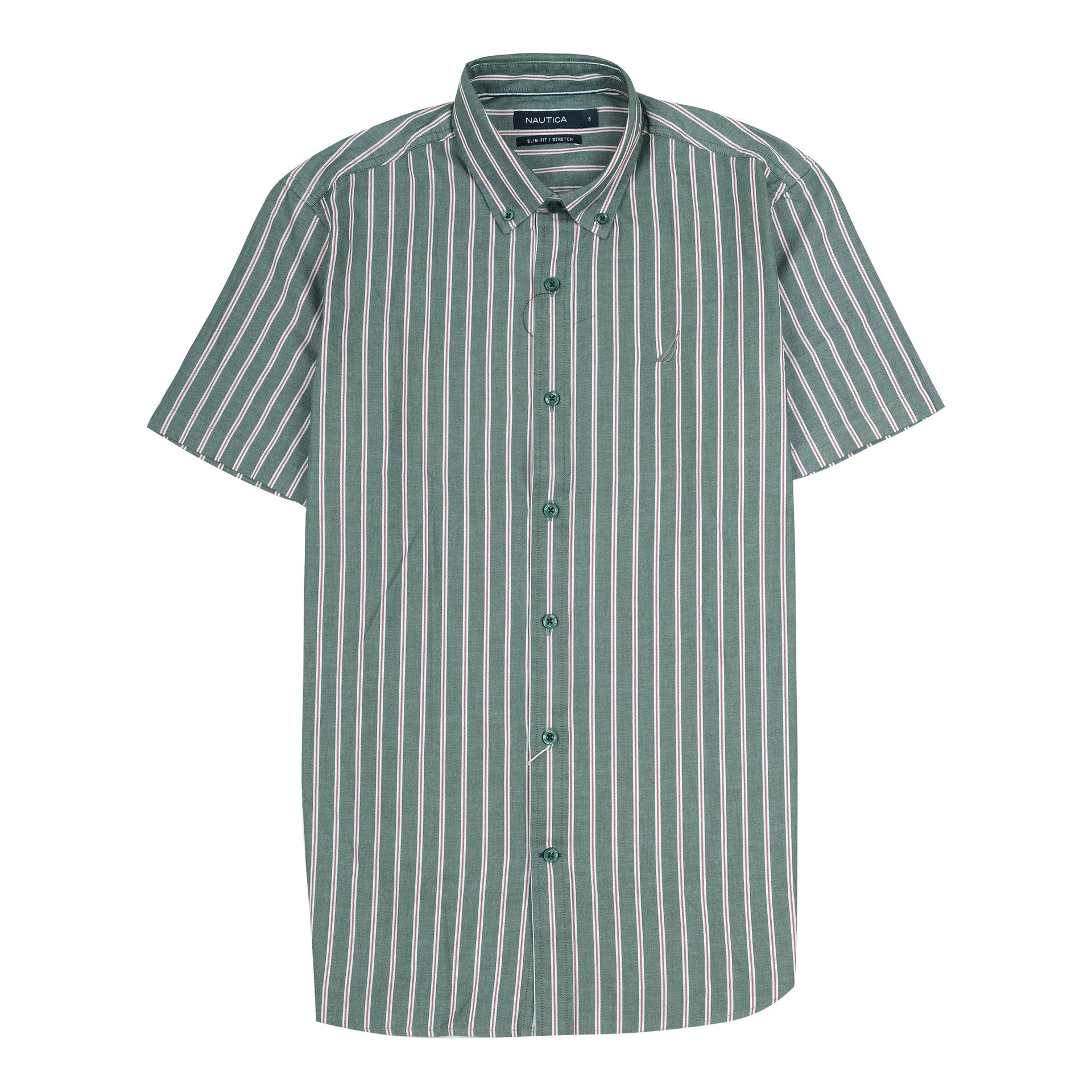 NAUTICA Forest Green Striped Slim Fit Short Sleeve Shirt