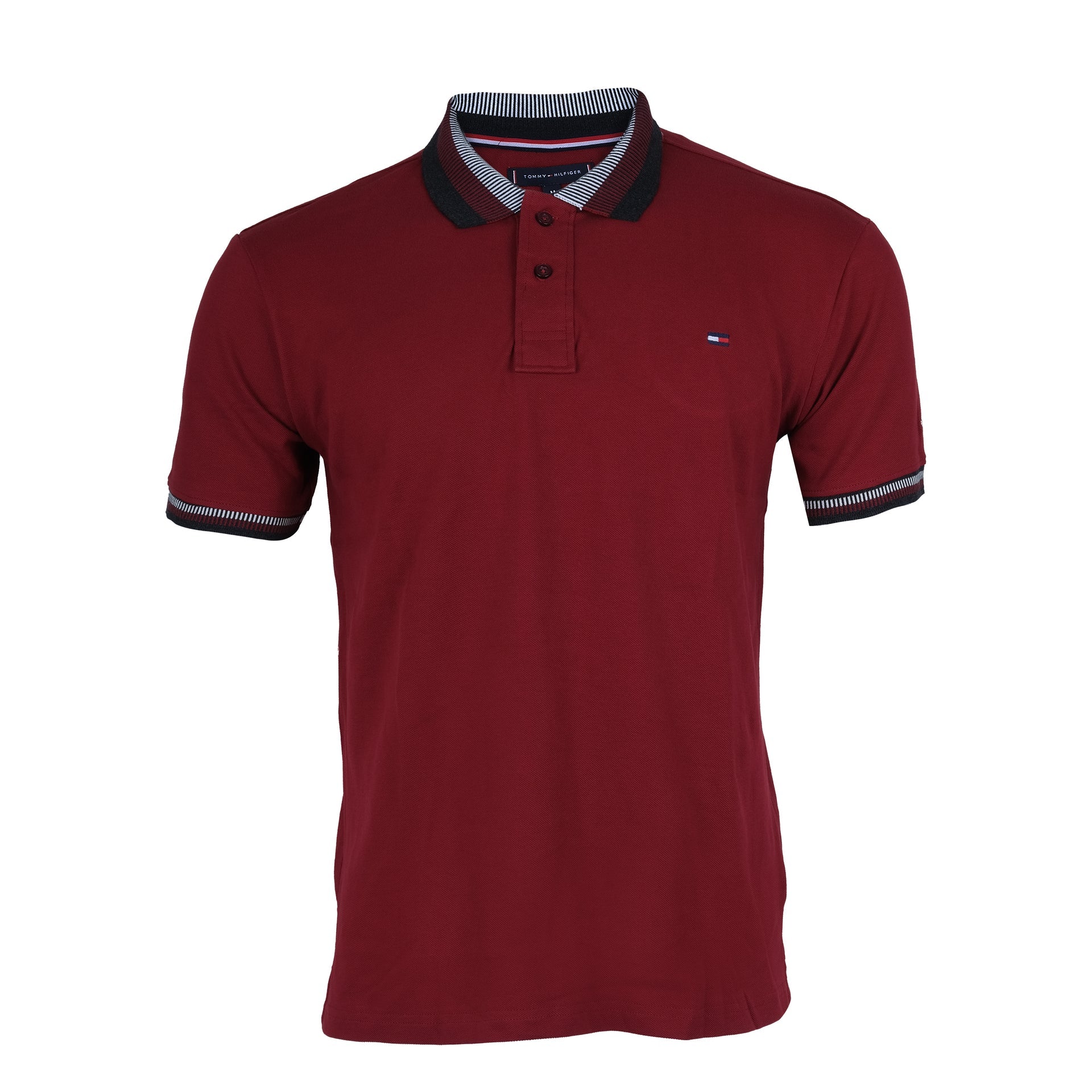 TOMMY HILFIGER Crimson Red Classic Fit Polo Shirt with Striped Collar