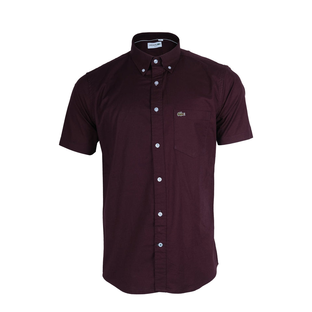 LACOSTE Deep Merlot Slim Fit Short Sleeve Button-Up Shirt