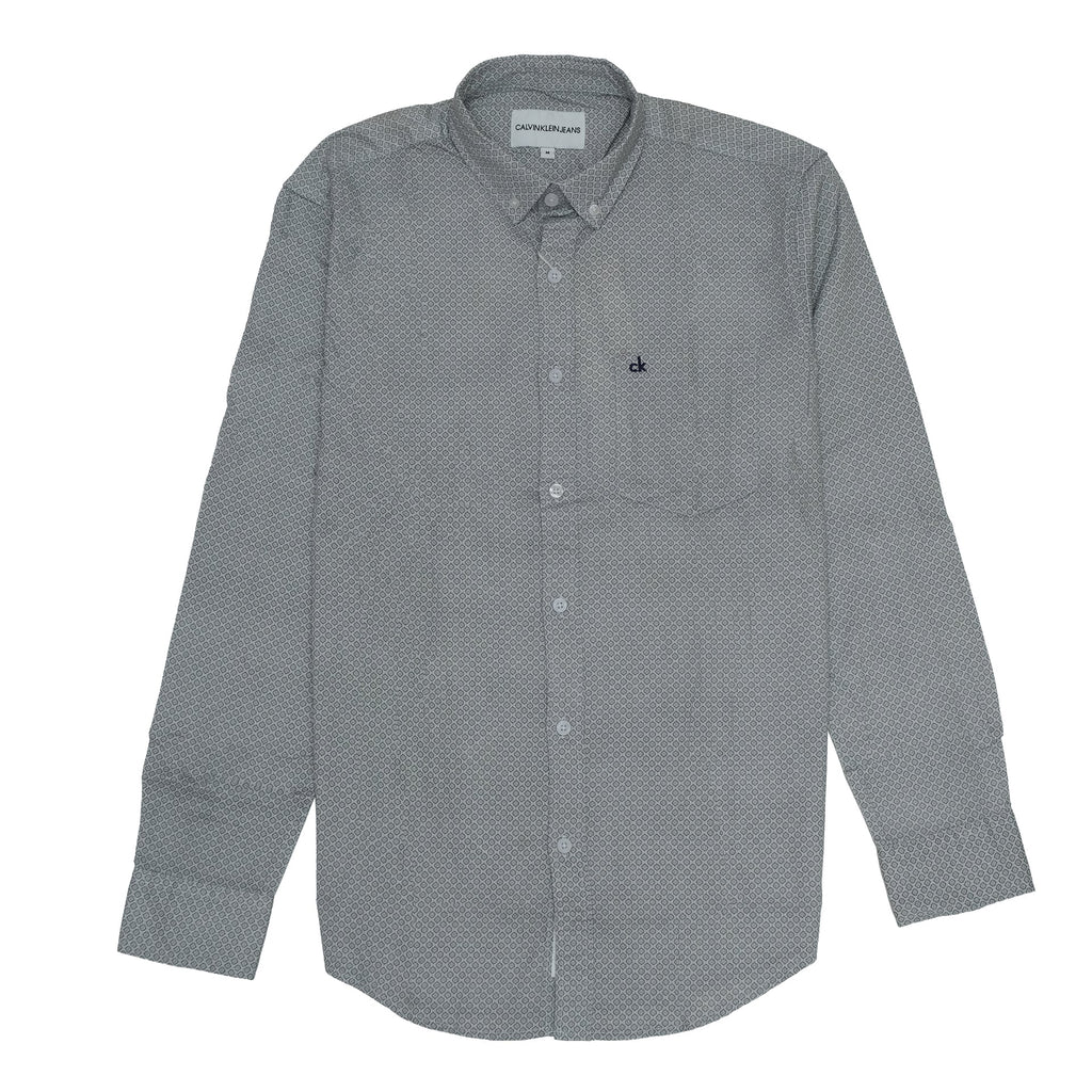 CALVIN KLEIN Silver Mist Geometric Pattern Slim Fit Button-Up Shirt