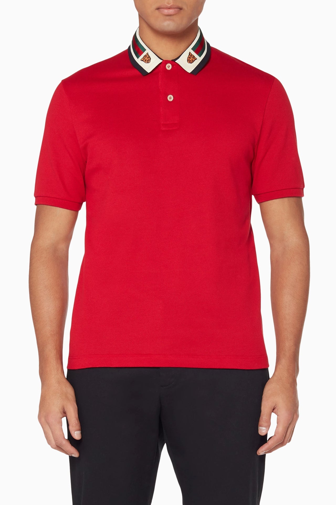 GUCCI Crimson Flame Classic Fit Polo Shirt with Iconic Striped Collar
