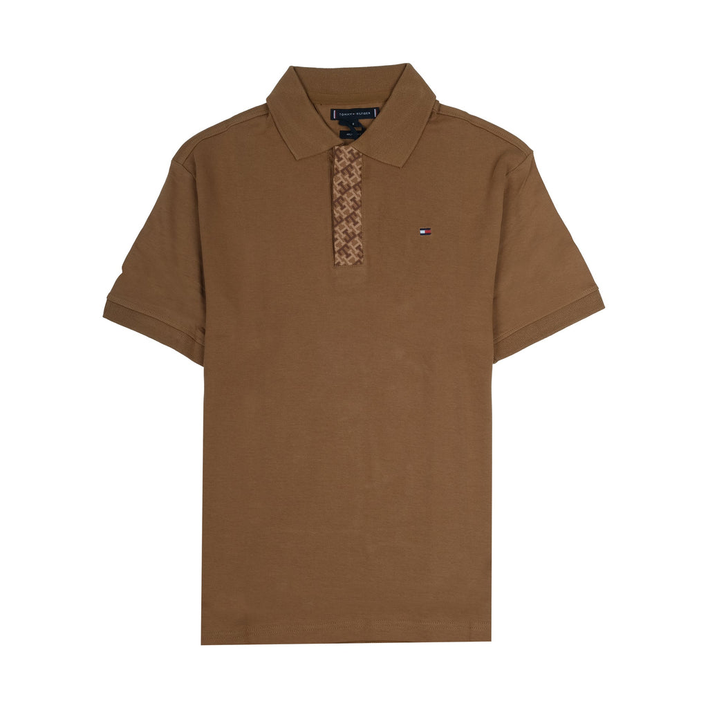 TOMMY HILFIGER Rustic Walnut Classic Fit Polo Shirt with Patterned Placket