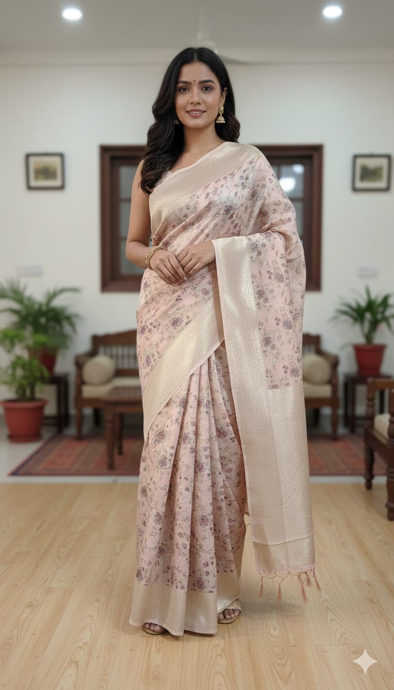 Elegant Drapes Floral Print Silk Saree with Golden Border