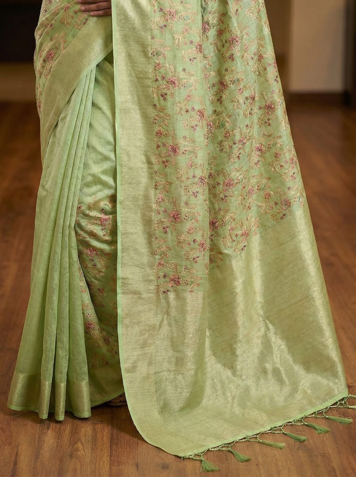 Elegant Drapes Floral Embroidered Green Silk Saree