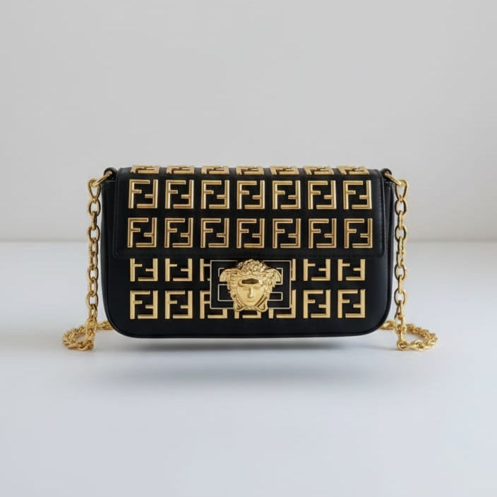 Fendi Monogram Mini Crossbody Bag with Gold Chain (IMPORTED)