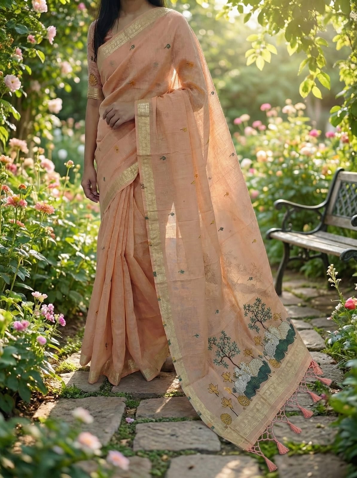 Elegant Threads Embroidered Peach Linen Cotton Saree with Floral Border