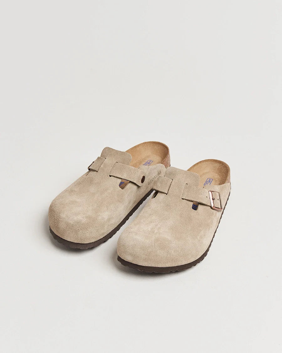 BIRKENSTOCK Faded Khaki Luxe Suede Leather Soft Footbed Clogs