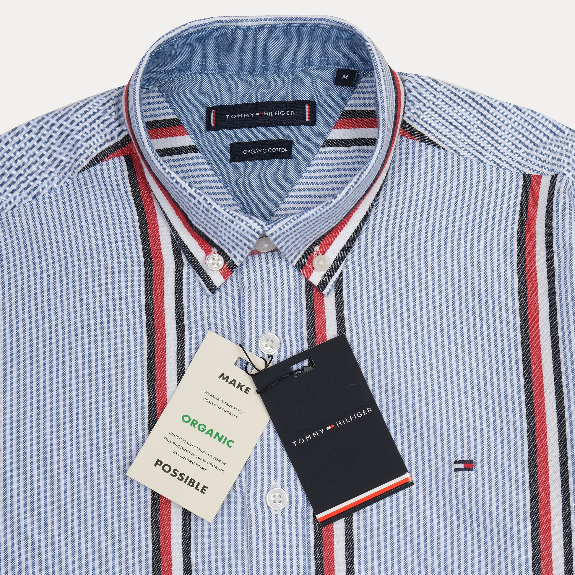 Tommy Hilfiger Striped Elegance Organic Cotton Shirt in Sky Blue with Vibrant Red Accents