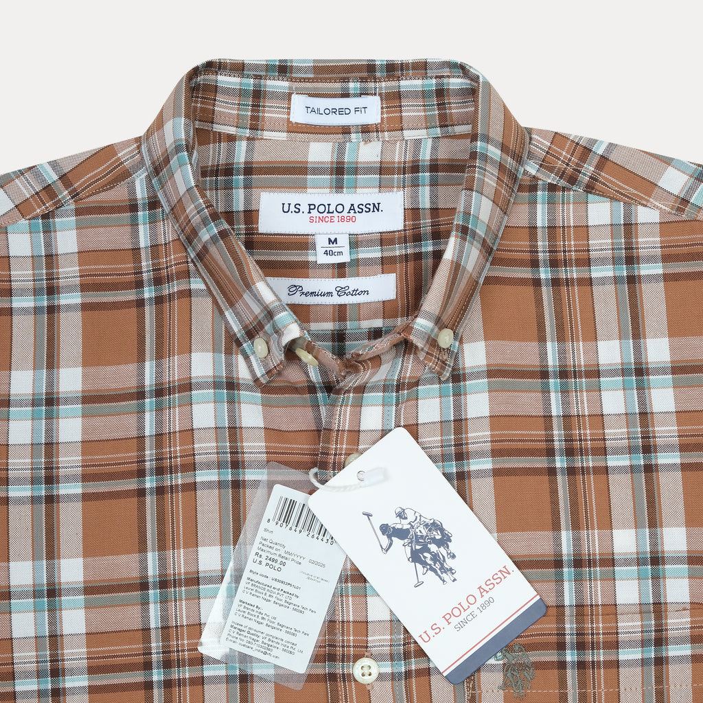 U.S. Polo Assn. Premium Cotton Tailored Fit Plaid Shirt in Rustic Copper