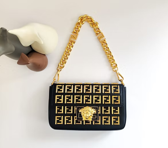 Fendi Monogrammed Leather Shoulder Bag with Gold Chain