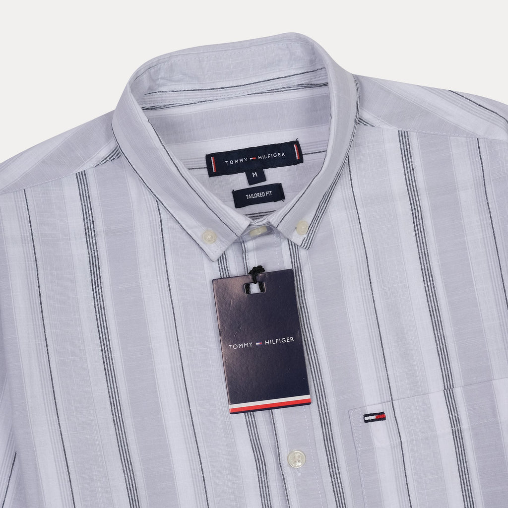 TOMMY HILFIGER Ethereal Silver Tailored Fit Striped Button-Up Shirt