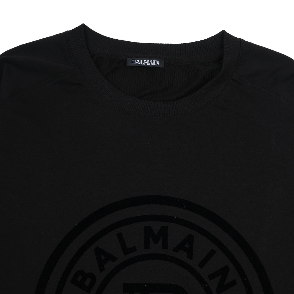 BALMAIN Luxe Black Emblem Crewneck Sweatshirt