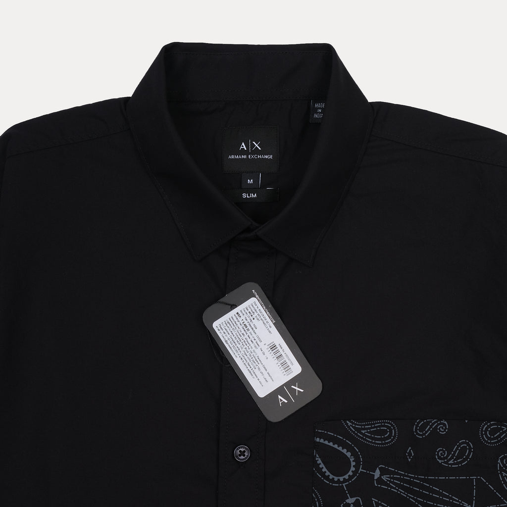 A|X Armani Exchange Slim Fit Black Button-Up Shirt with Contrast Pocket
