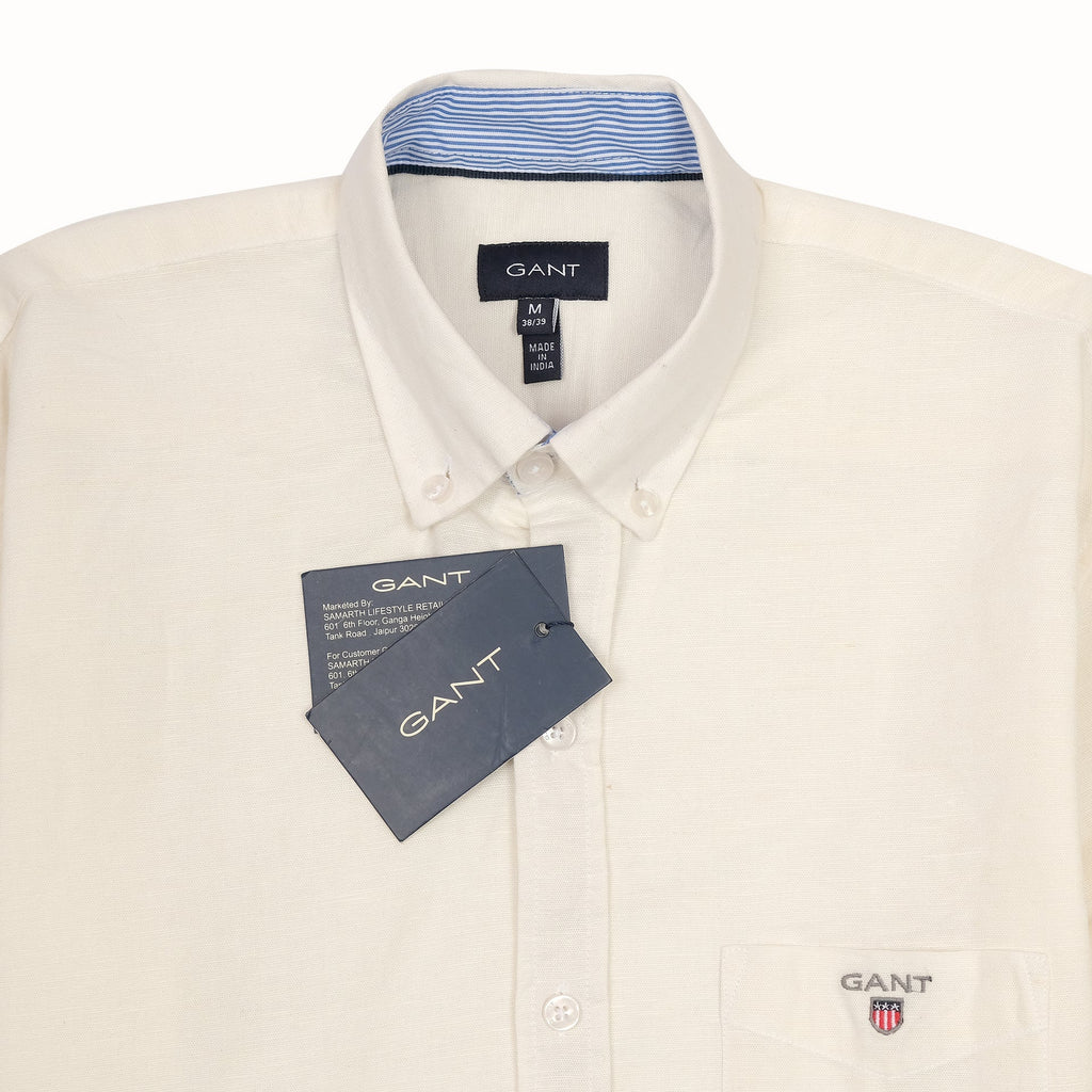 GANT Ethereal Cream Tailored Fit Long Sleeve Linen-Blend Shirt