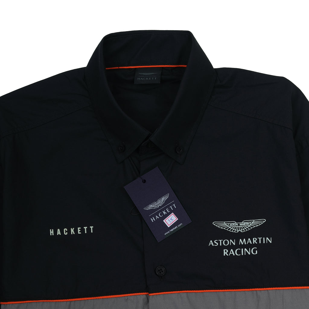 Hackett Aston Martin Racing Long Sleeve Shirt in Midnight Charcoal with Vibrant Ember Accents