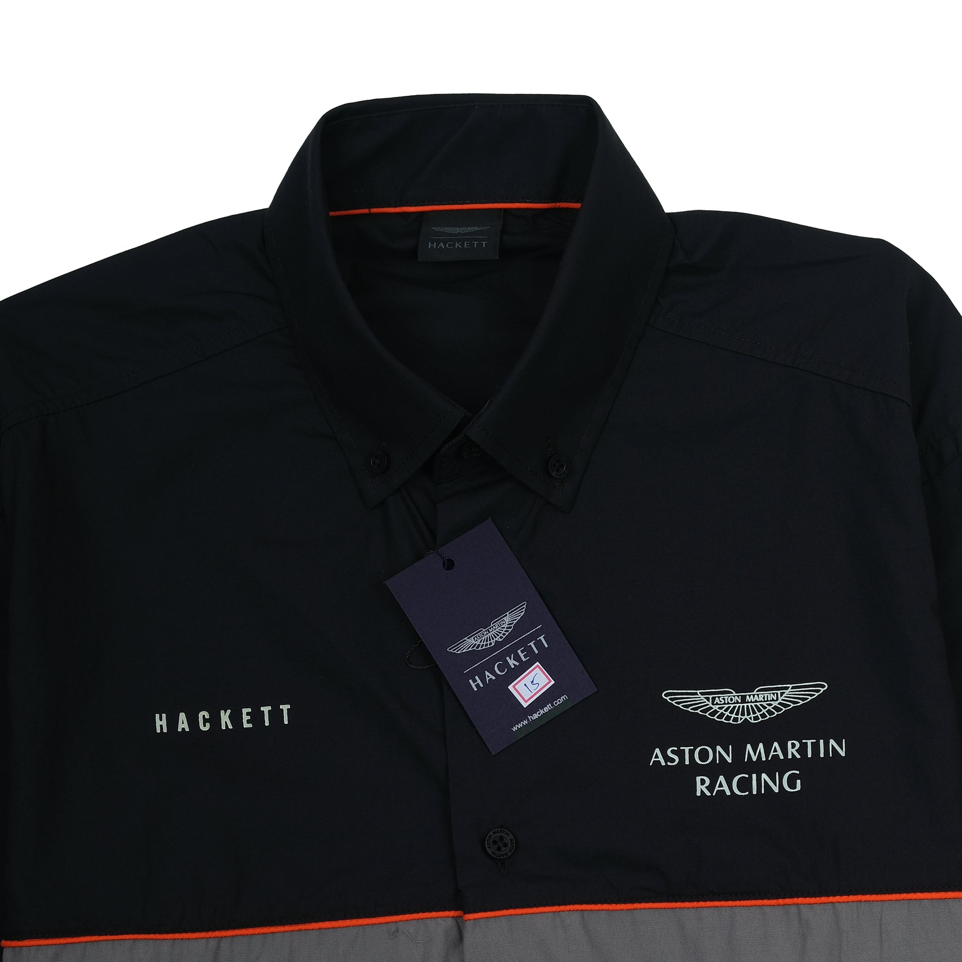 Hackett Aston Martin Racing Long Sleeve Shirt in Midnight Charcoal with Vibrant Ember Accents