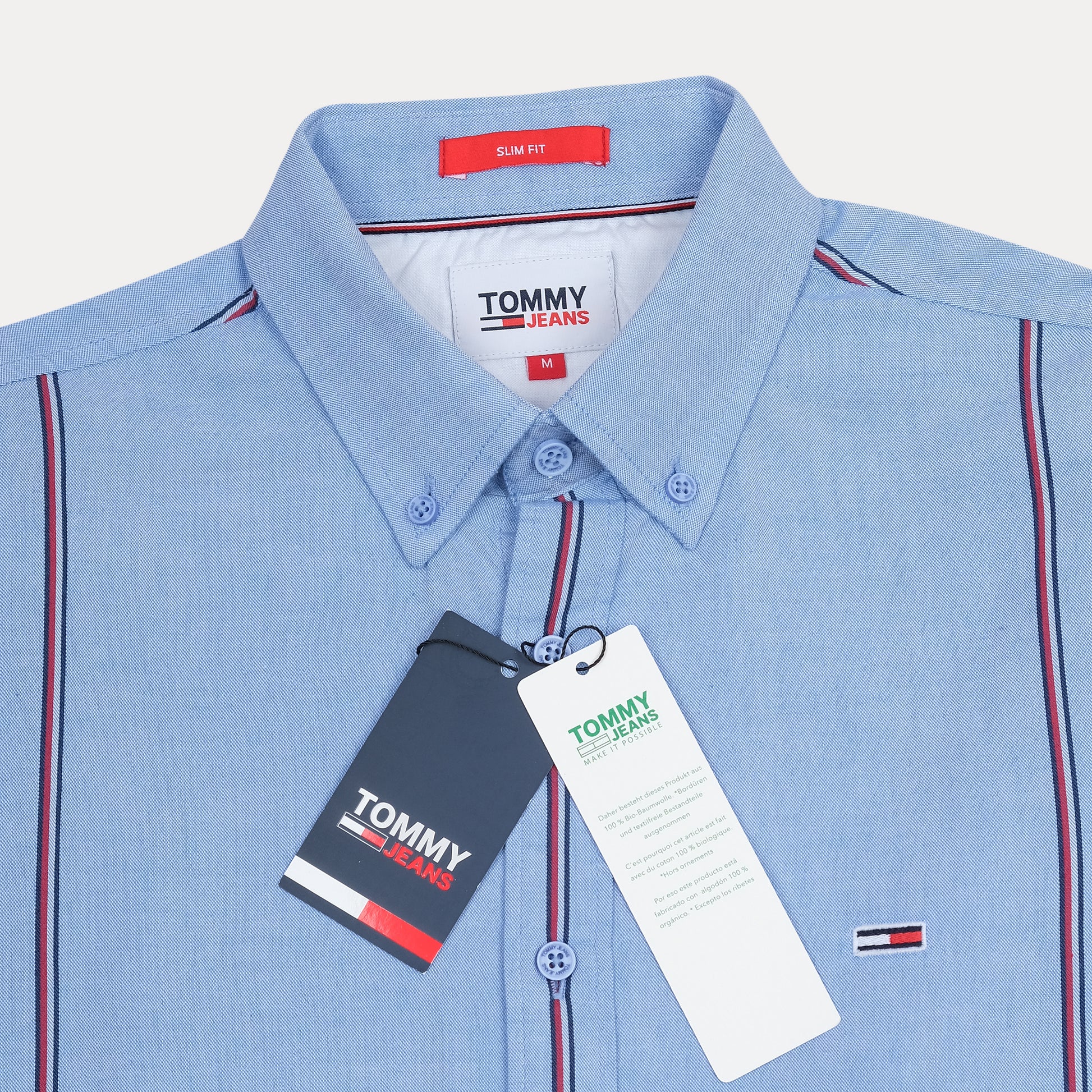 TOMMY JEANS Effortlessly Chic Slim Fit Shirt in Sky Blue with Striking Red Accents