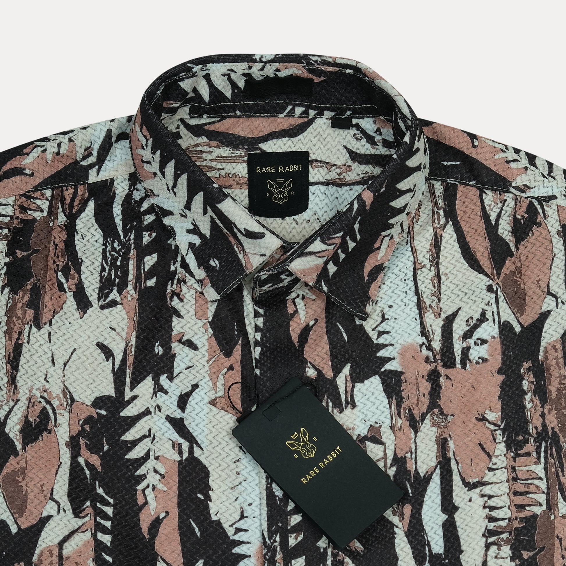 RARE RABBIT Artistic Leafy Print Shirt in Serene Aqua and Earthy Blush