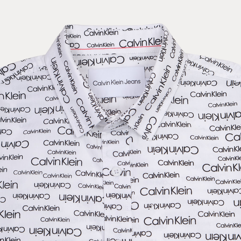Calvin Klein Whimsical Logo Print Button-Up Shirt in Crisp Cloud White