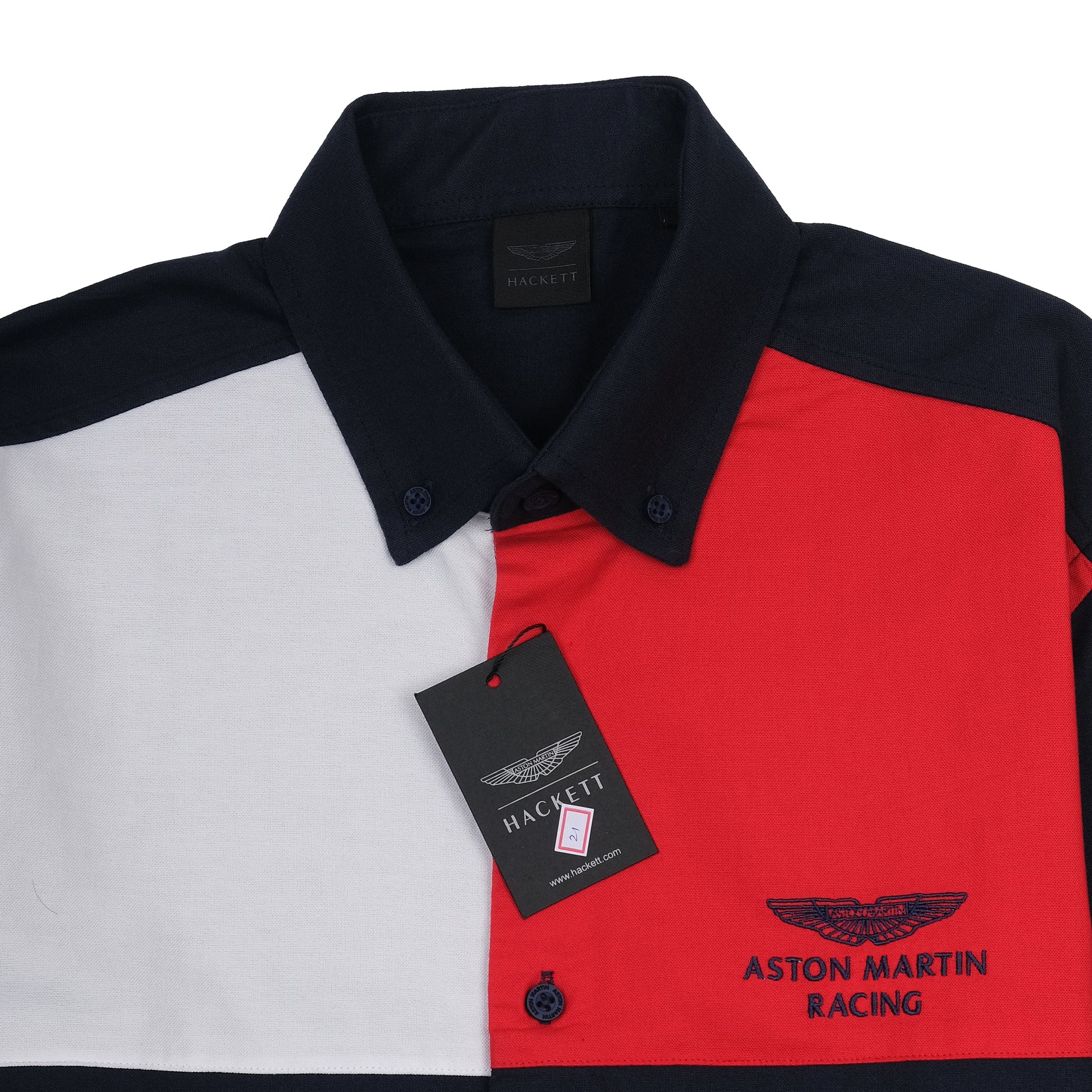 Hackett Aston Martin Racing Colorblock Shirt in Midnight Blue and Crimson Red