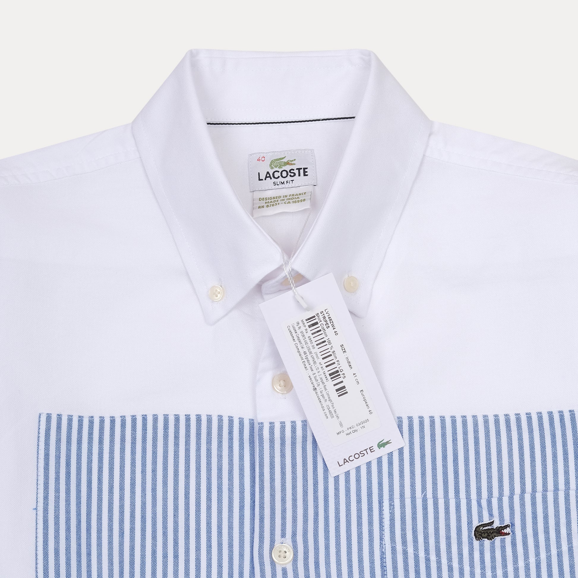 Lacoste Slim Fit Whimsical Waves Button-Up Shirt in Crisp Cloud White and Serene Sky Blue