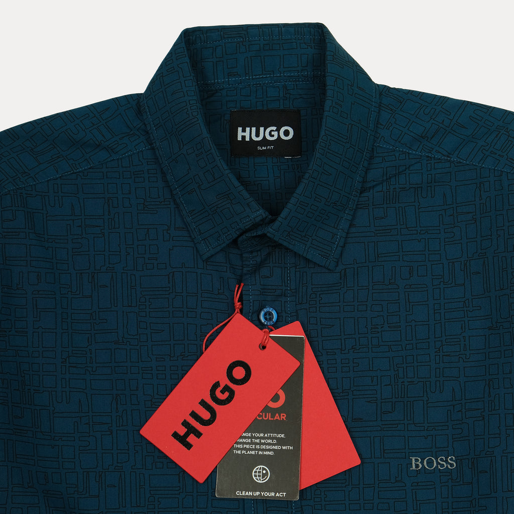 HUGO Slim Fit Geometric Patterned Shirt in Enchanted Teal