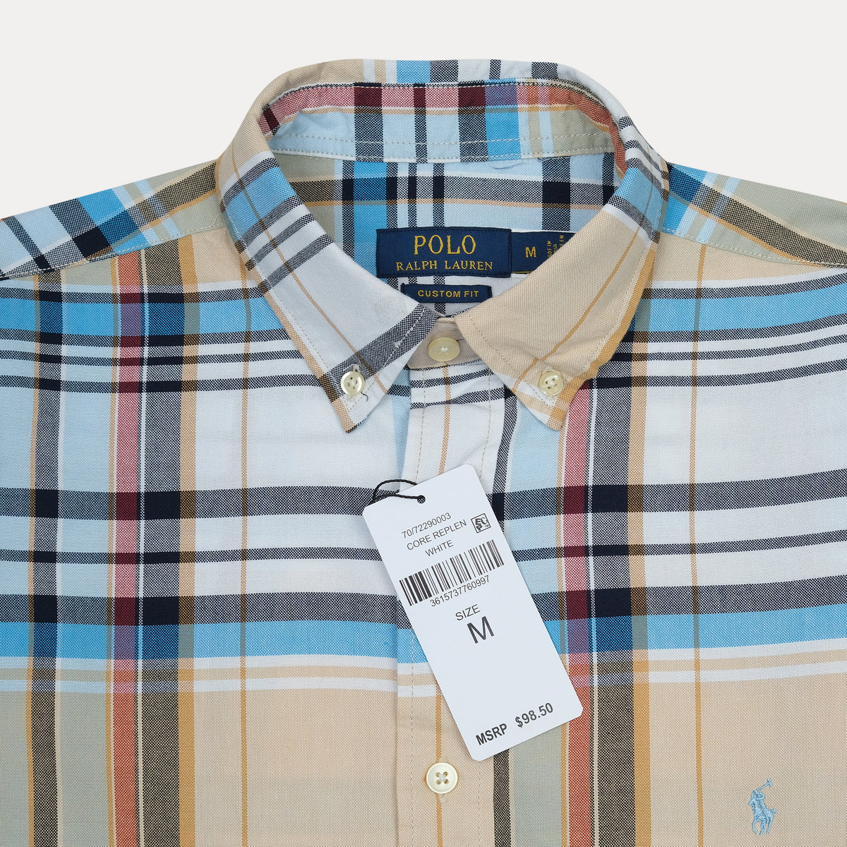 Polo Ralph Lauren Custom Fit Plaid Shirt in Soft Sand and Sky Blue